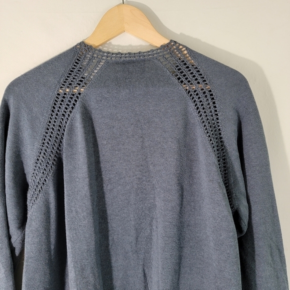 WRAP London Women's Blue Open Front Cardigan Sz 14 Linen Blend Crochet Pockets - Picture 8 of 11